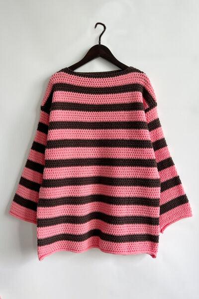 Striped Round Neck Dropped Shoulder Sweater - Sweater