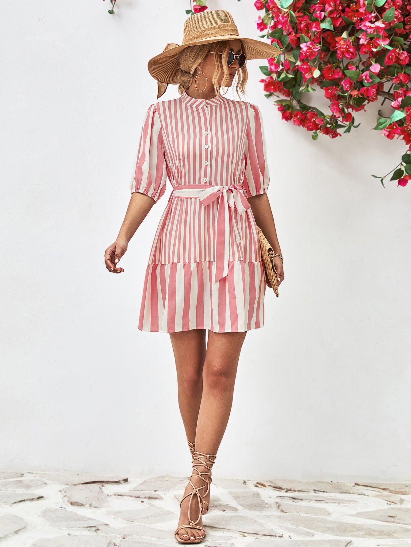 Striped Half Sleeve Tie Waist Mini Dress - Dresses