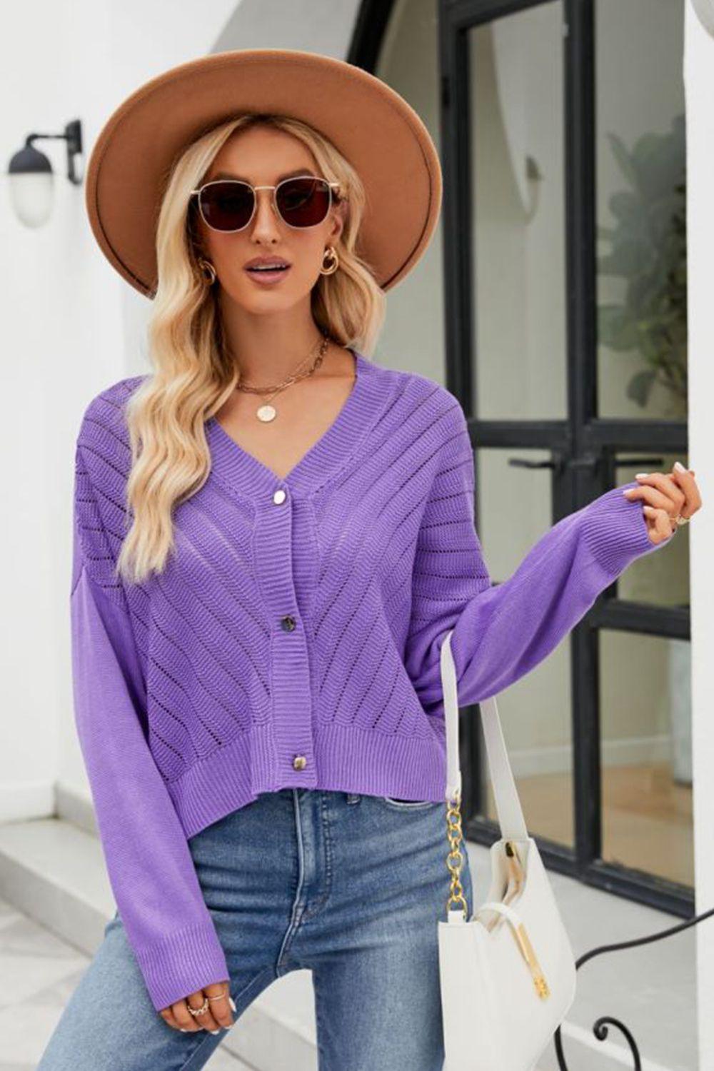 V-Neck Button Down Openwork Cardigan - Cardigan