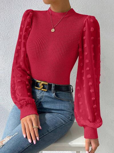 Swiss Dot Waffle-Knit Lantern Sleeve Top - Top