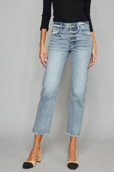 Kancan High Waist Raw Hem Cropped Straight Jeans - Jeans