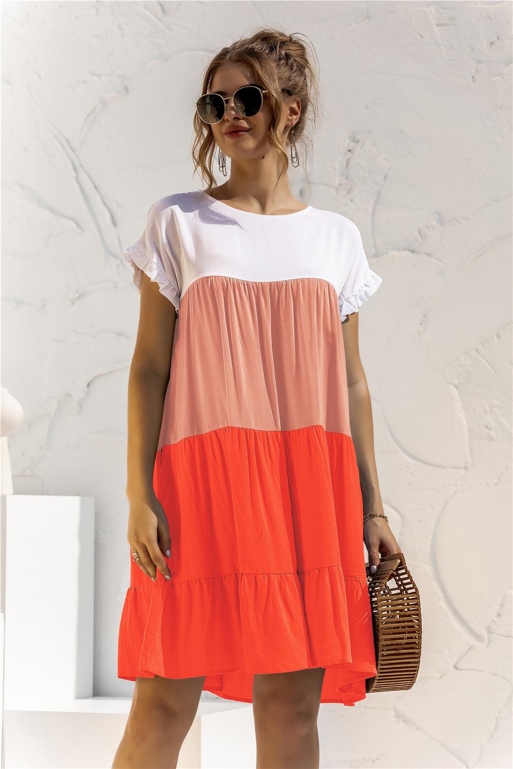 Color Block Round Neck Ruffle Hem Tiered Short Dress - Dresses