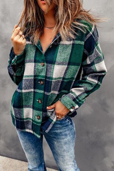 Button Up Plaid Hooded Shacket - Jacket