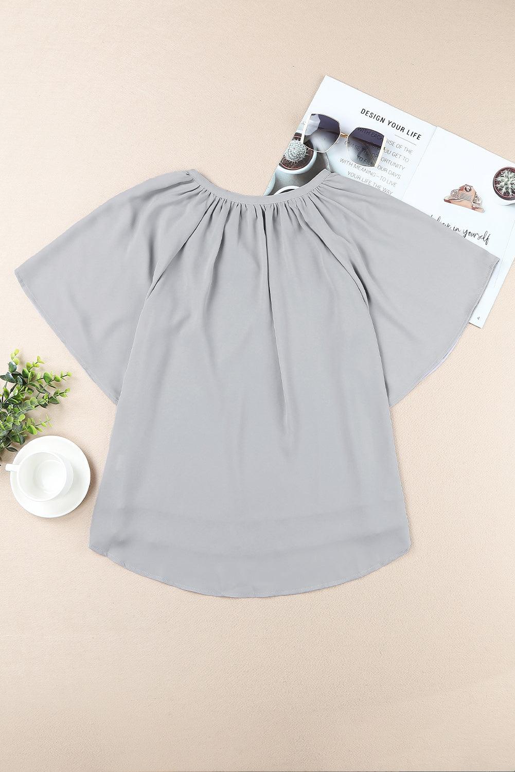 Gathered Detail Notched Neck Flutter Sleeve Blouse - Blouse