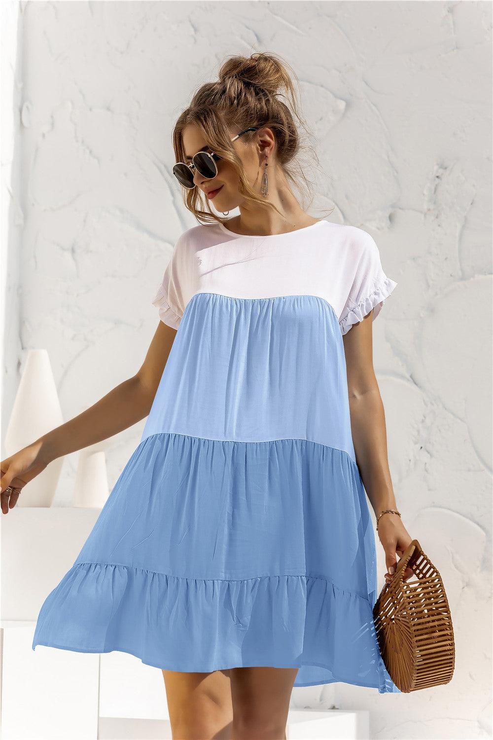 Color Block Round Neck Ruffle Hem Tiered Short Dress - Dresses