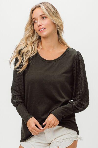 BiBi Round Neck Polka Dot Lantern Sleeve Top - Top