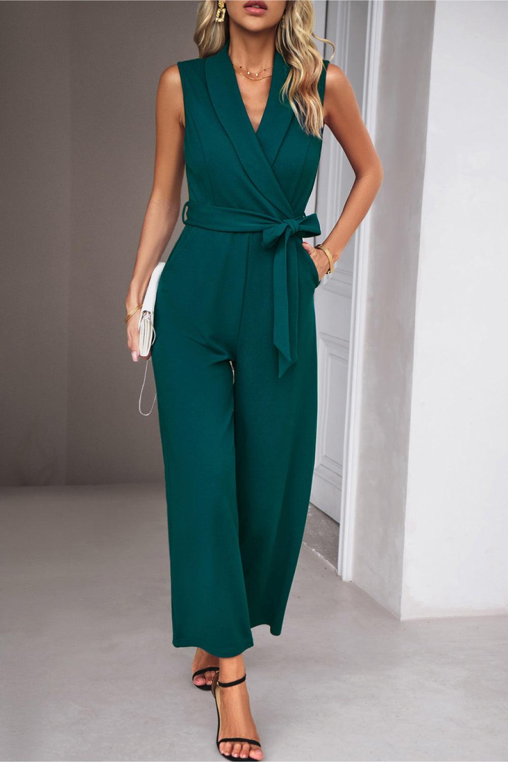 Tie Waist Shawl Collar Sleeveless Jumpsuit - Jumpsuit