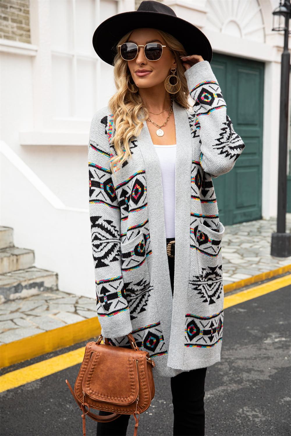 Geometric Long Length Cardigan with Pocket - Cardigan