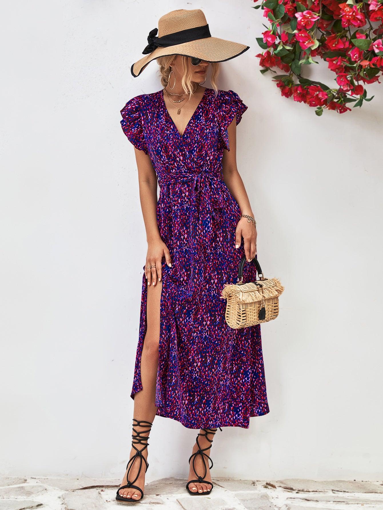 Printed Surplice V-Neck Flutter Sleeves Slit Midi Dress - Dresses