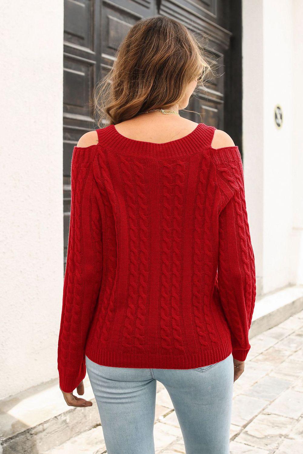 Cold Shoulder V-Neck Cable-Knit Pullover Sweater - Sweater