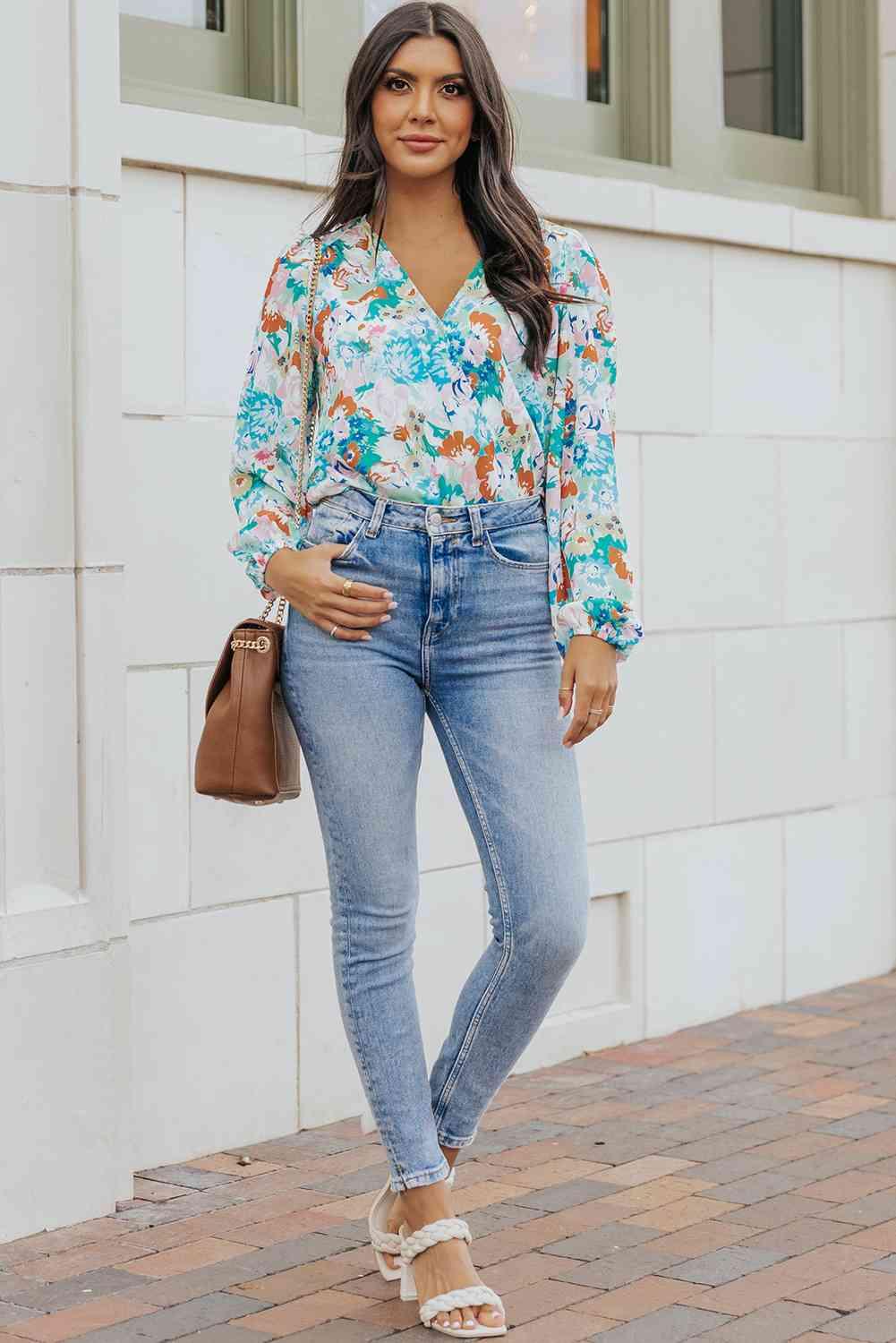 Floral Long Balloon Sleeve Bodysuit - Bodysuit