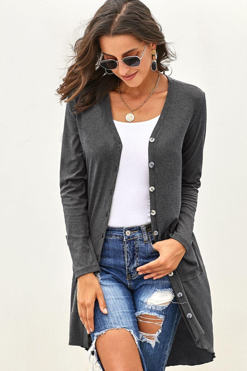 Buttoned V-Neck Long Sleeve Cardigan with Pockets - Cardigan