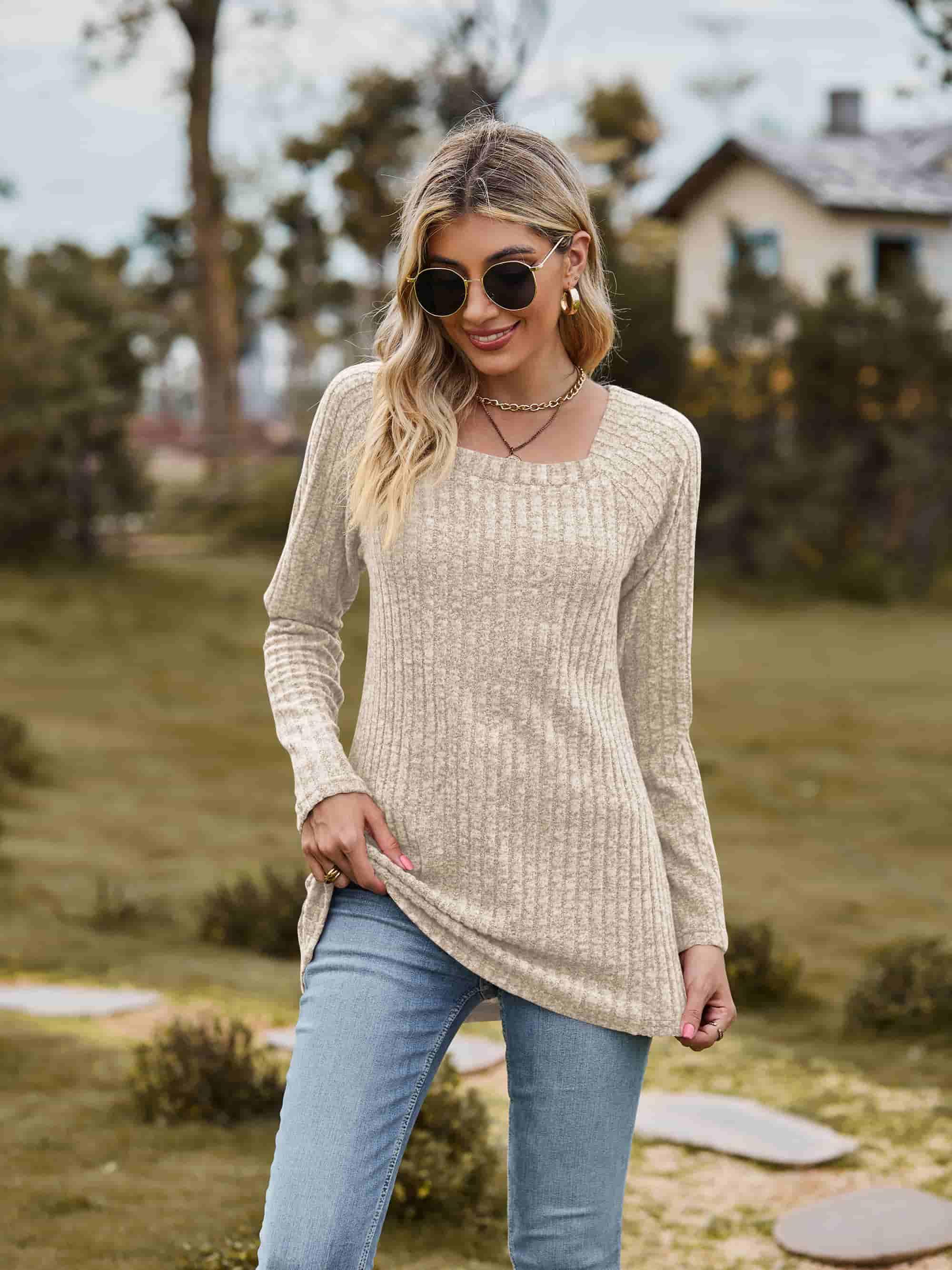 Ribbed Square Neck Long Sleeve Top - Top