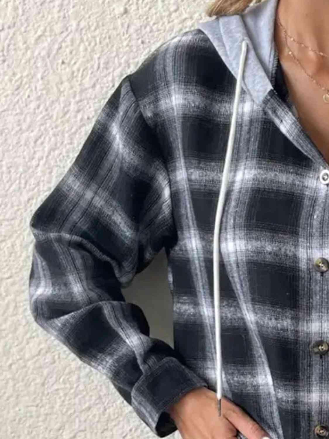 Plaid Drawstring Button Up Hooded Shacket - Jacket