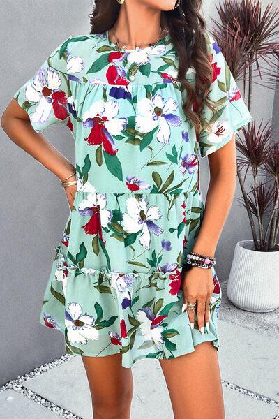 Floral Tiered Round Neck Mini Dress - Dresses