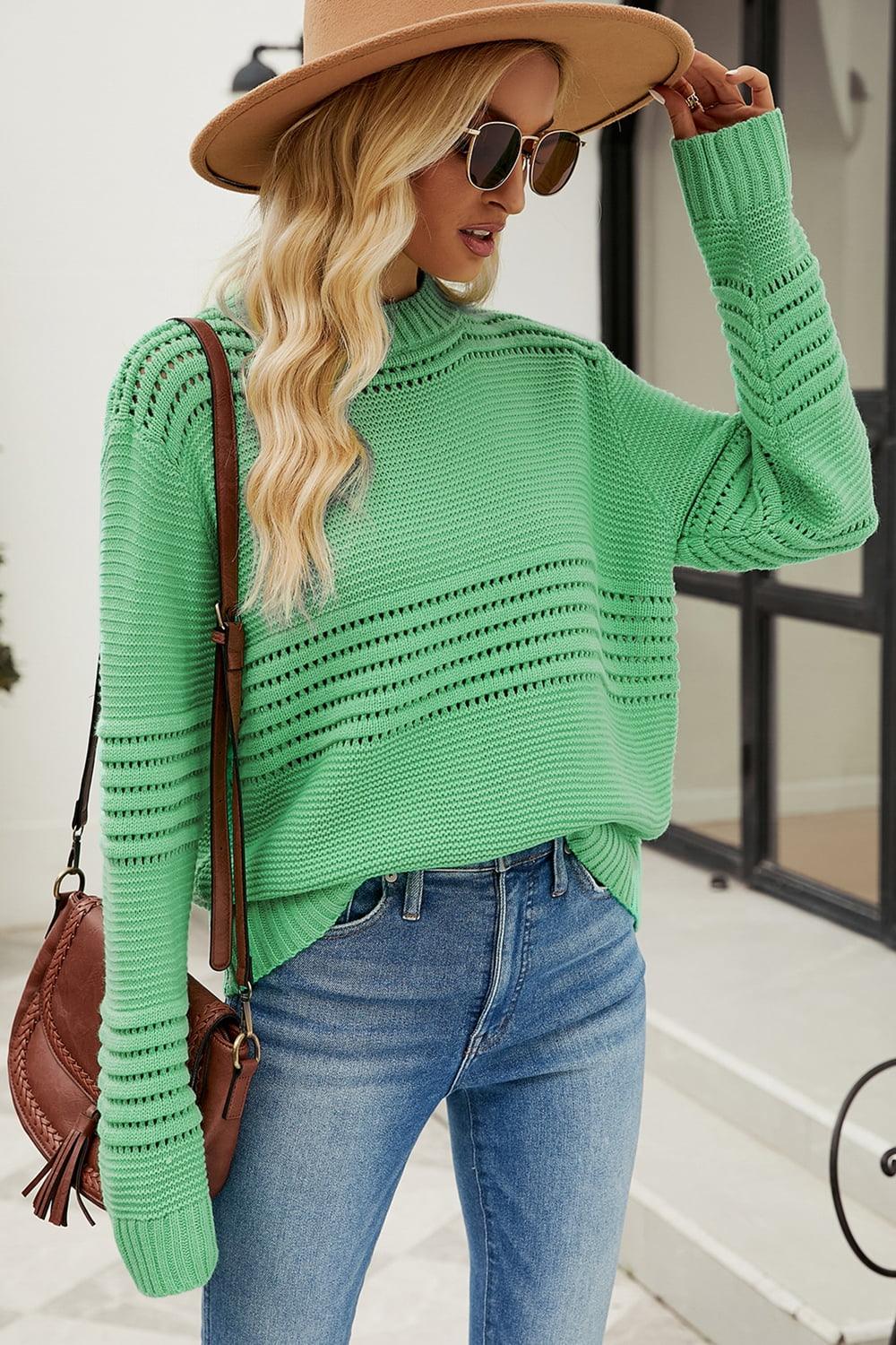 Ribbed Round Neck Openwork Pullover Sweater - Sweater