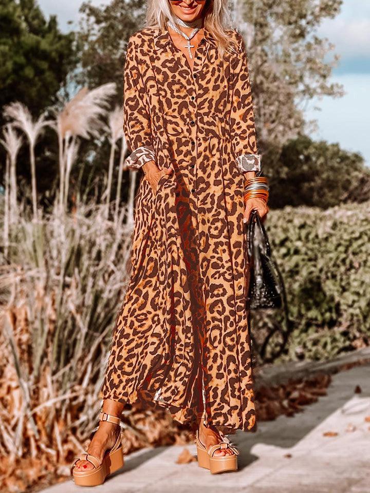 Collared Leopard Buttoned Maxi Dress - Dresses