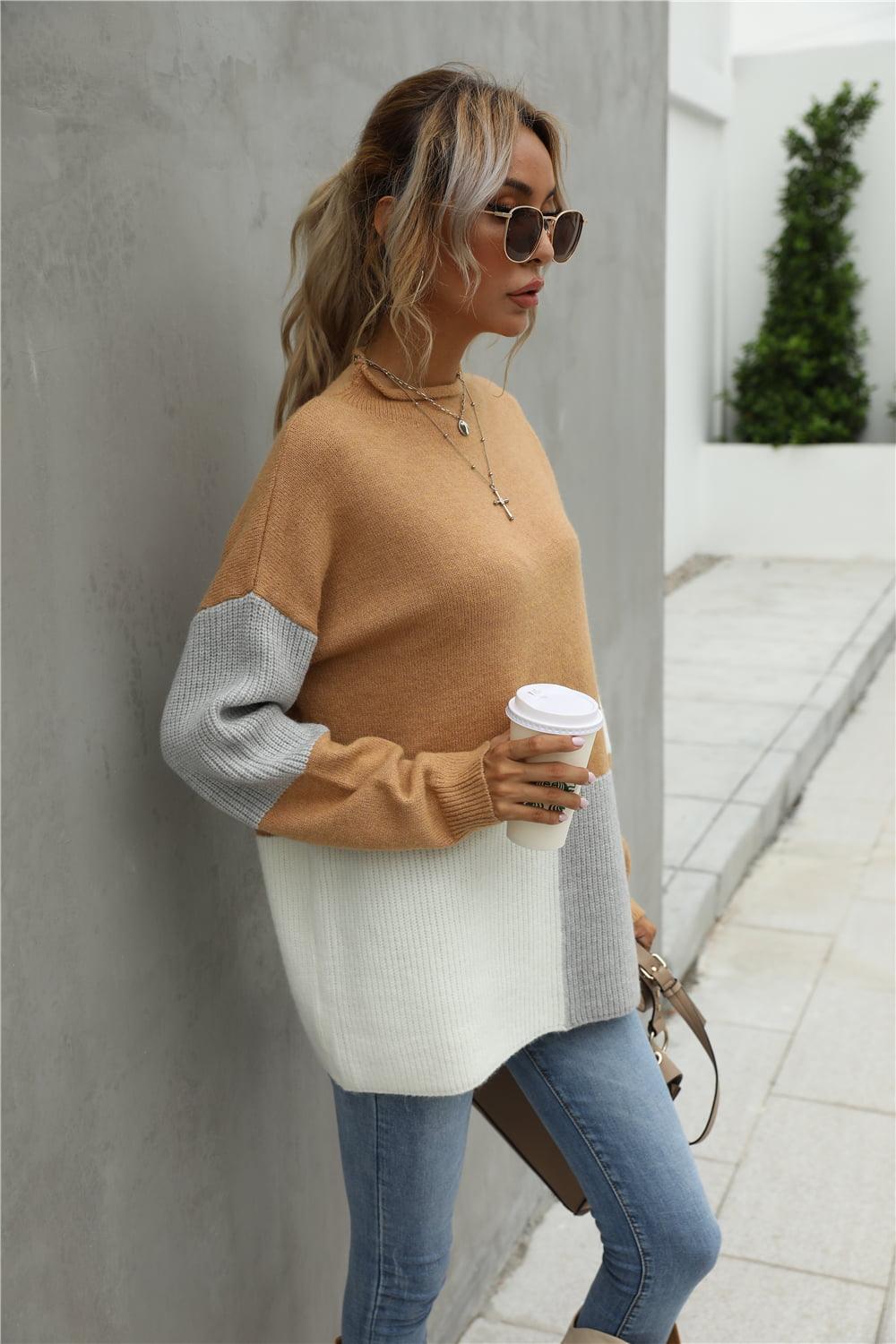 Color Block Round Neck Dropped Shoulder Sweater - Sweater