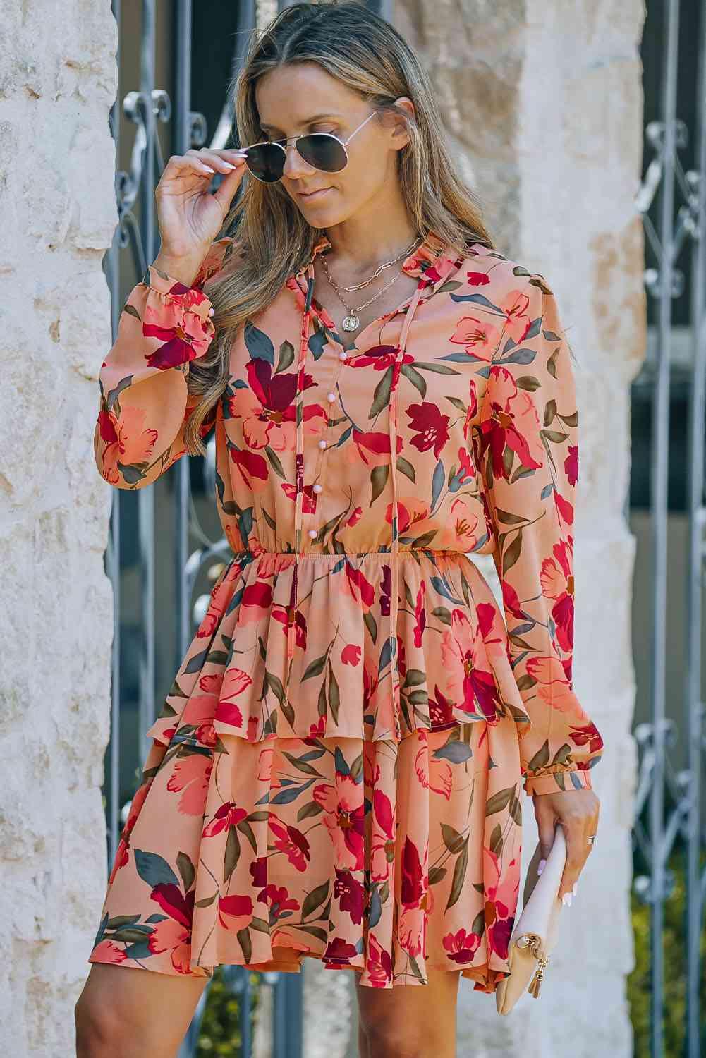 Floral Tie Neck Long Sleeve Layered Dress - Dresses