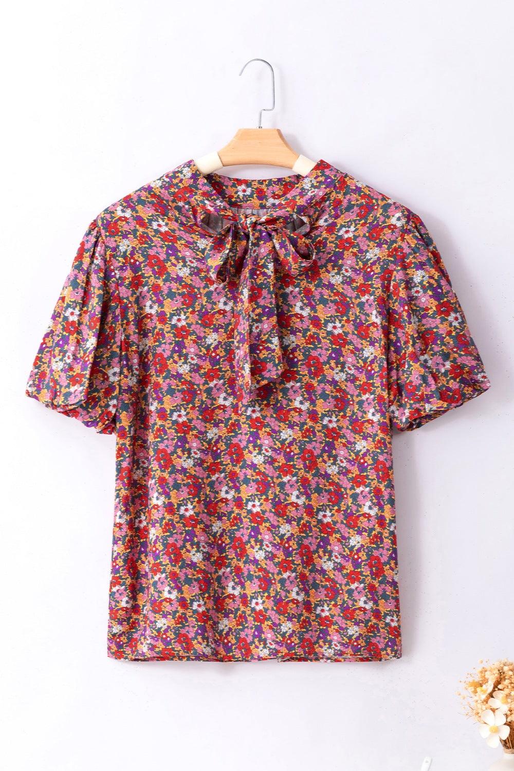 Floral Mock Neck Short Sleeve Top - Top