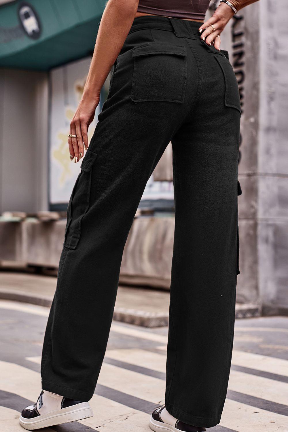 High Waist Loose Fit Straight Leg Cargo Jeans - Jeans