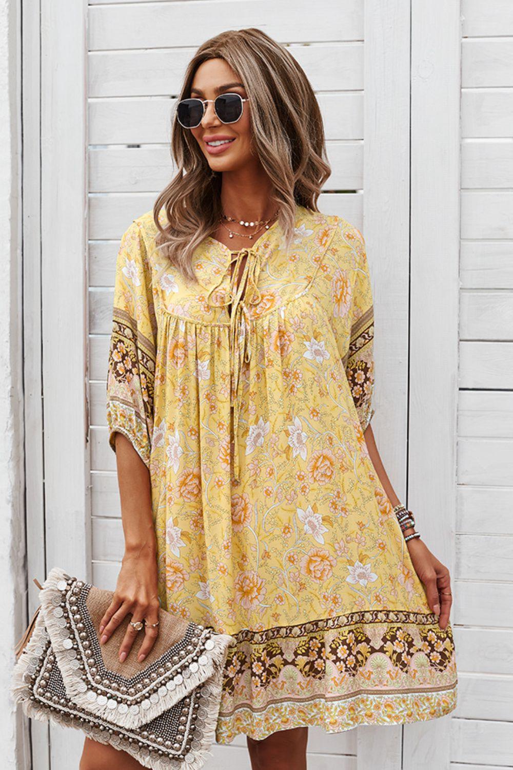 Bohemian Floral Tie Neck 3/4 Sleeve Short Tiered Dress - Dresses