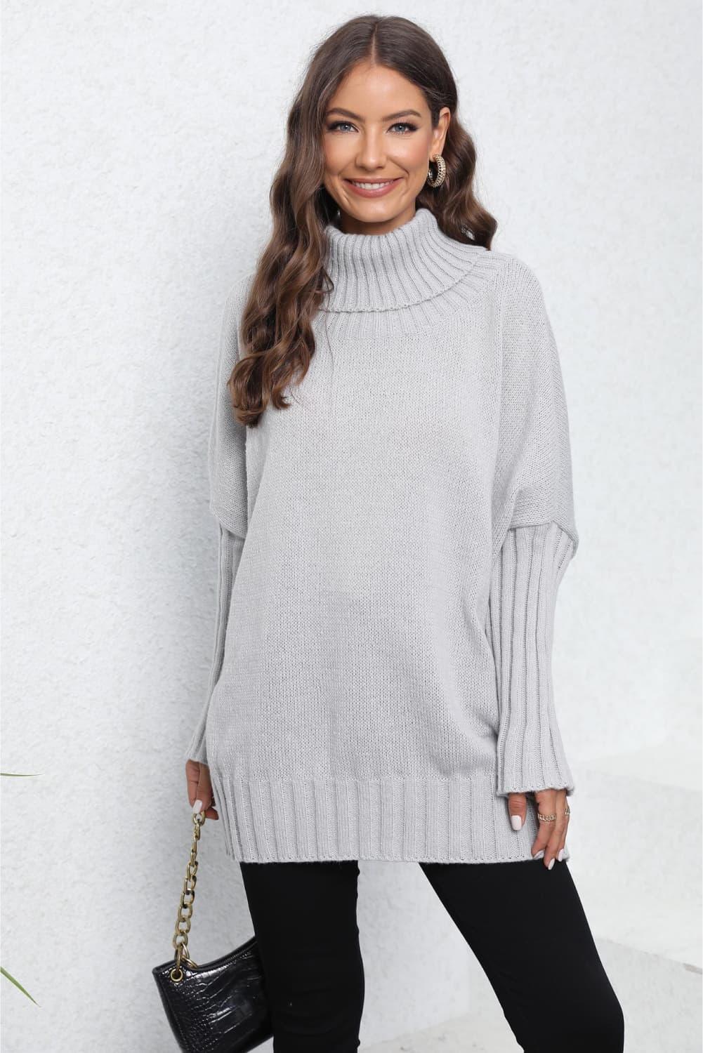 Turtle Neck Long Sleeve Ribbed Sweater - Sweater