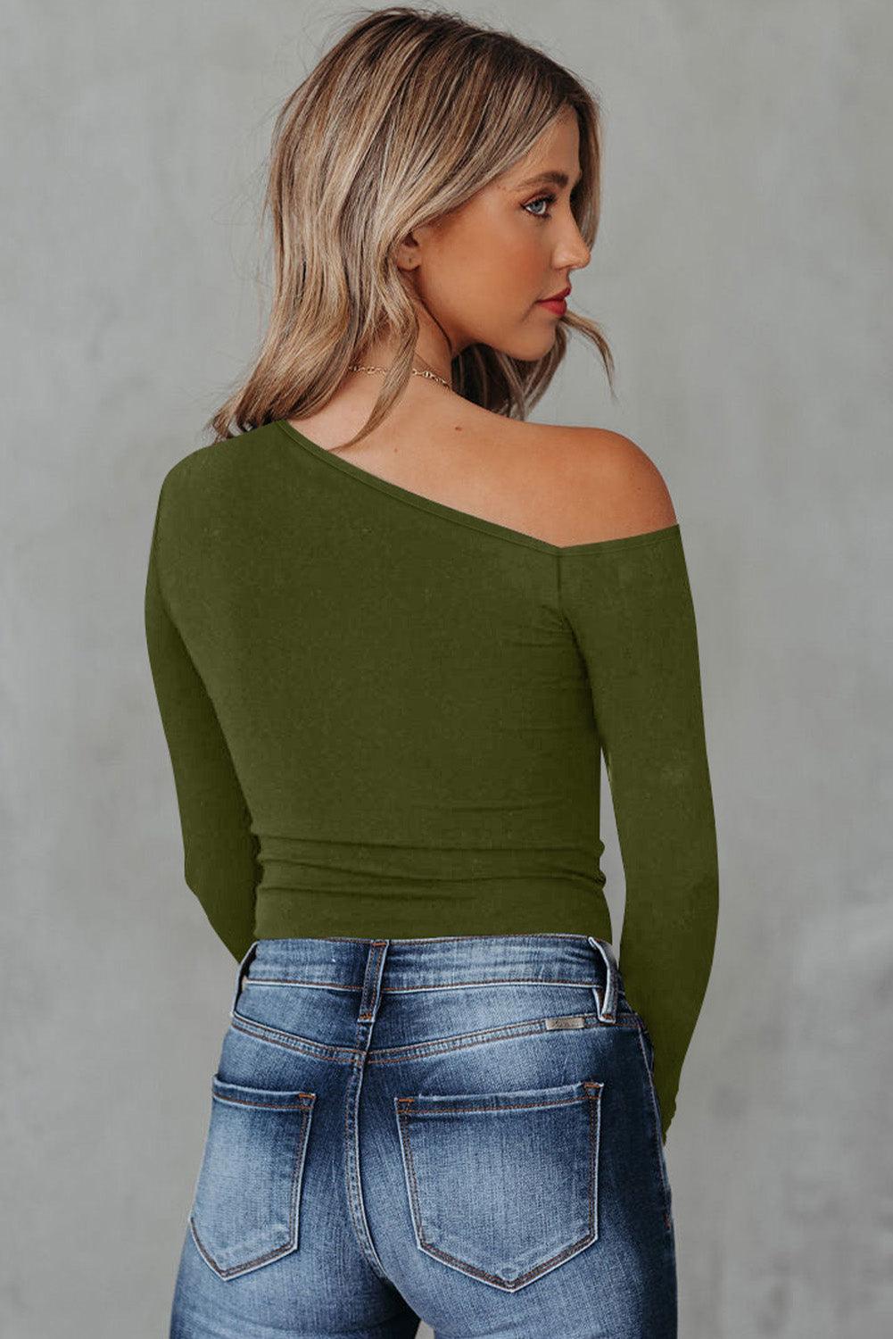 Asymmetrical Neck Long Sleeve Top - Top