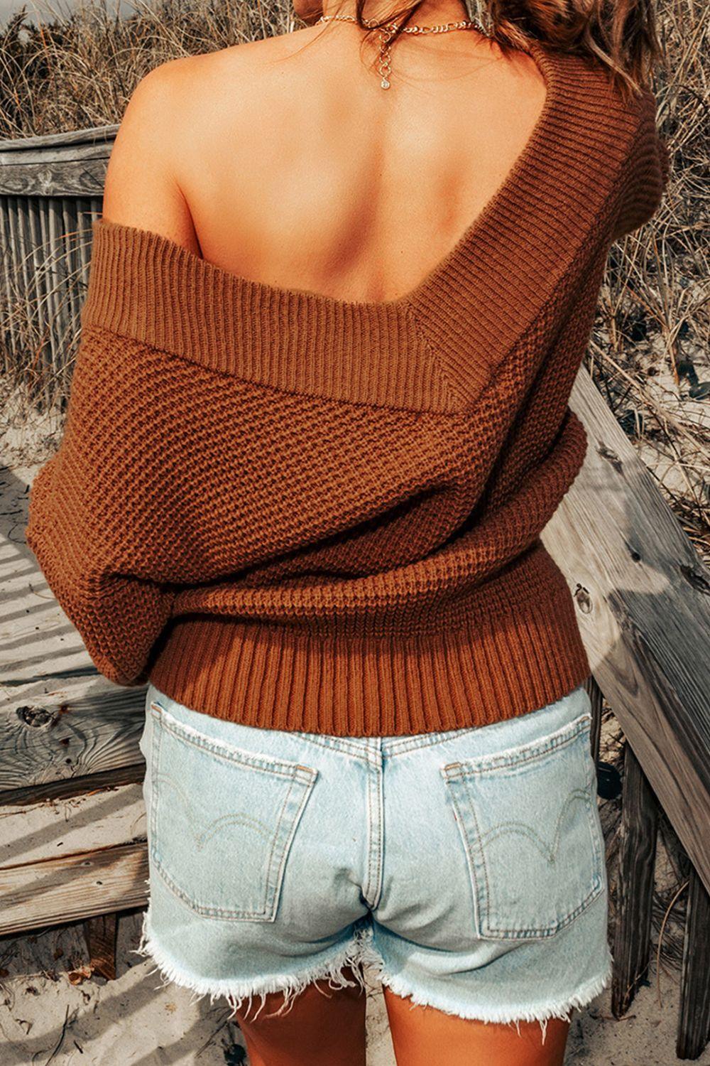 Rib-Knit Drop Shoulder V-Neck Sweater - Sweater