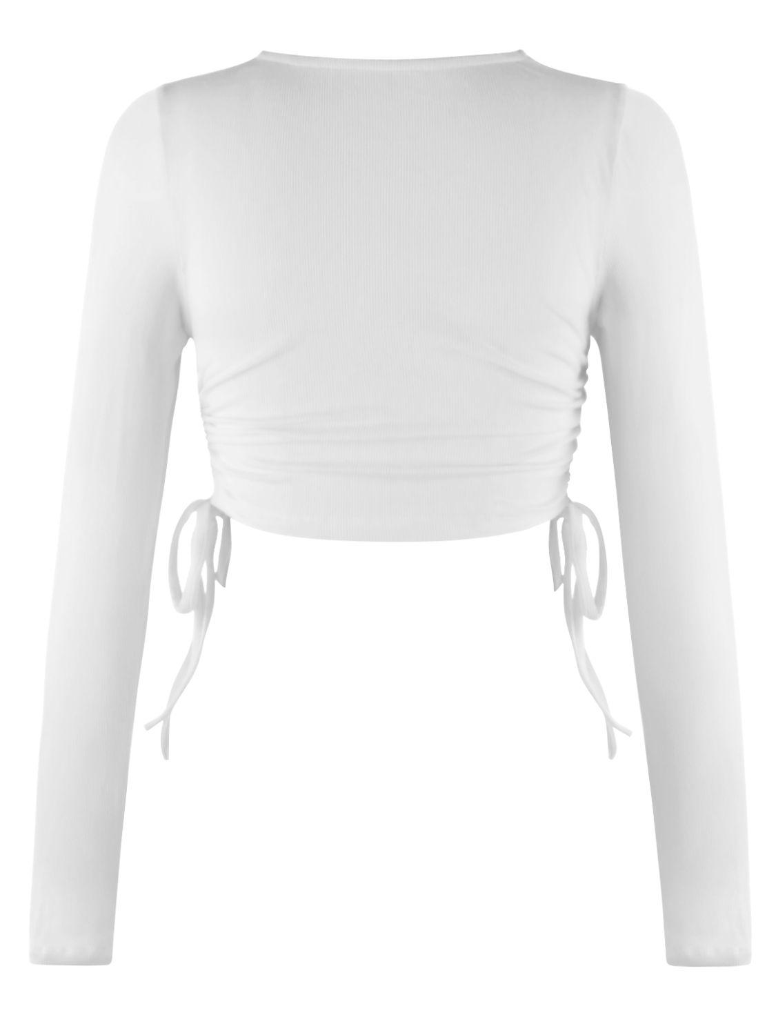 Cropped Drawstring Round Neck Long Sleeve Top - Top