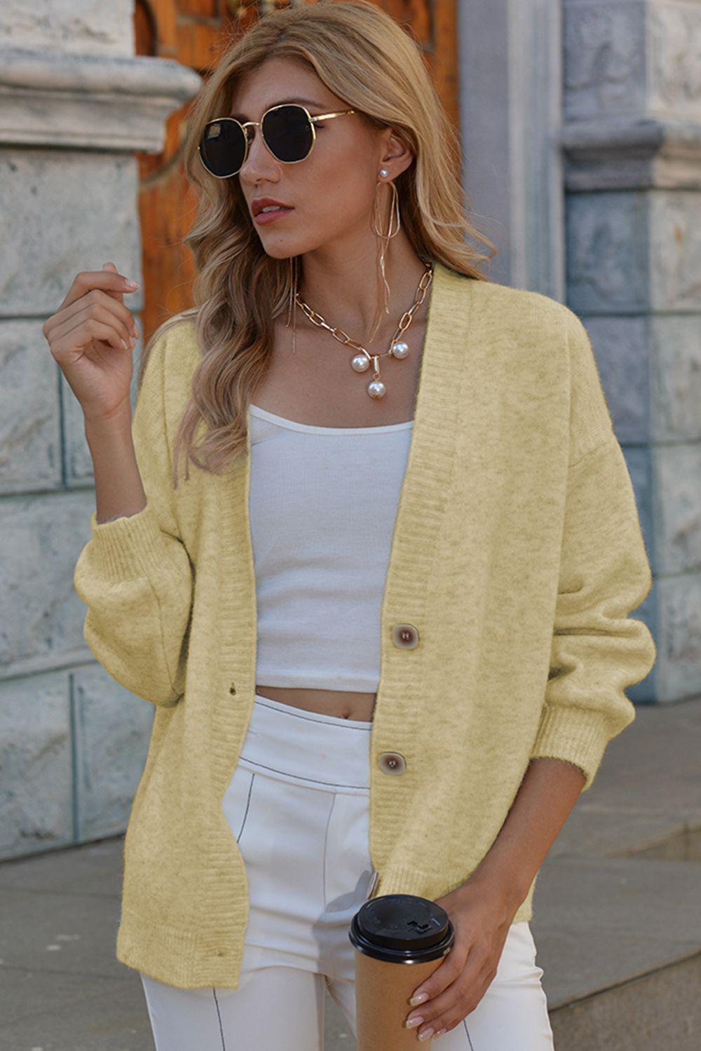 V-Neck Button-Down Dropped Shoulder Cardigan - Cardigan