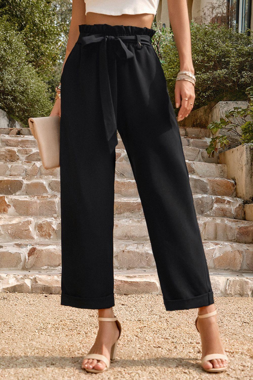 Cropped Tie Belt Paperbag Waist Straight Leg Pants - Pant