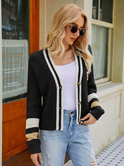 Contrast Button Up Dropped Shoulder Cardigan - Cardigan