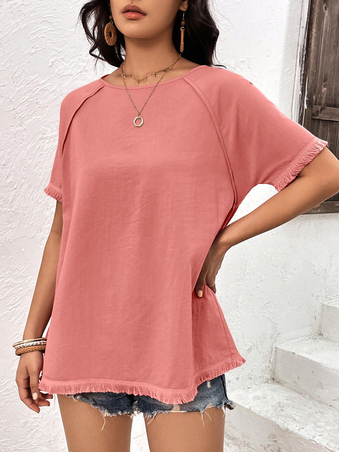 Round Neck Raglan Sleeve Fringe Detail Top - Top