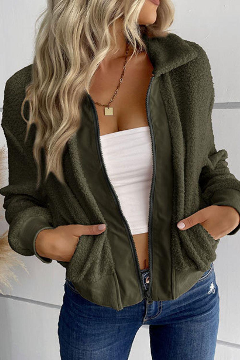 Collared Neck Zip-Up Cropped Sherpa Jacket - Jacket