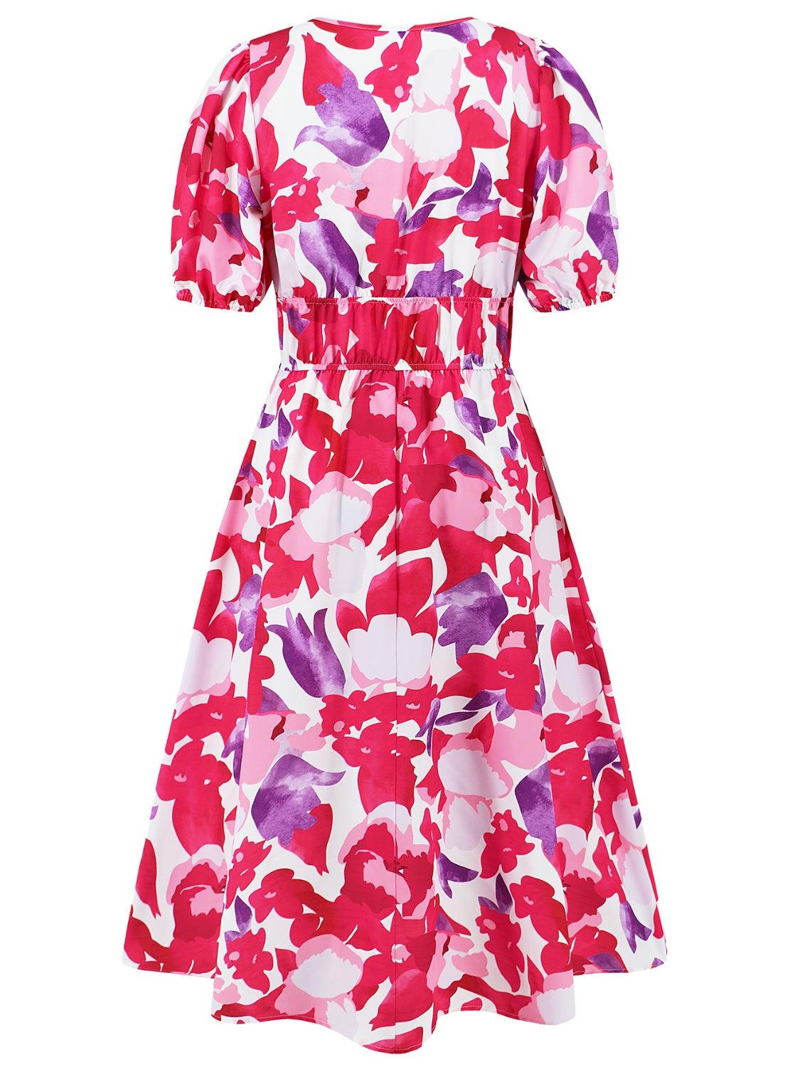 Ruched Floral Surplice Midi Dress - Dresses