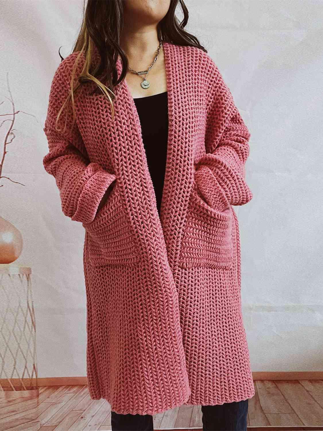 Open Front Long Sleeve Cardigan with Pockets - Cardigan