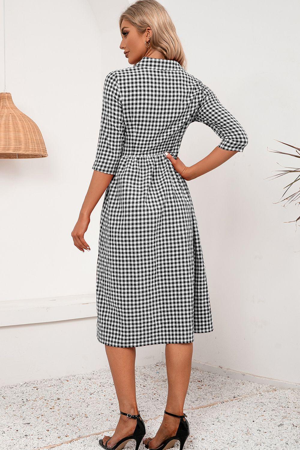 Plaid Collared Neck Midi Dress - Dresses