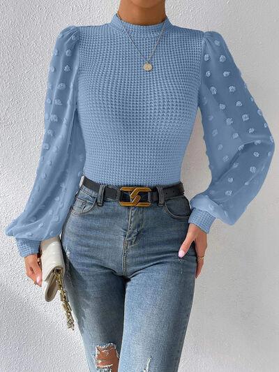 Swiss Dot Waffle-Knit Lantern Sleeve Top - Top