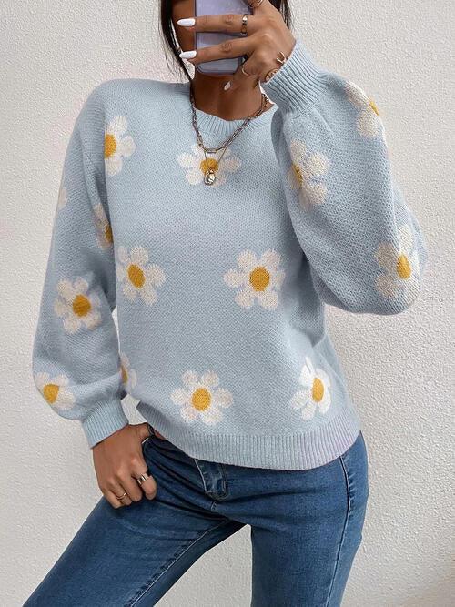 Flower Round Neck Latern Sleeve Sweater - Sweater