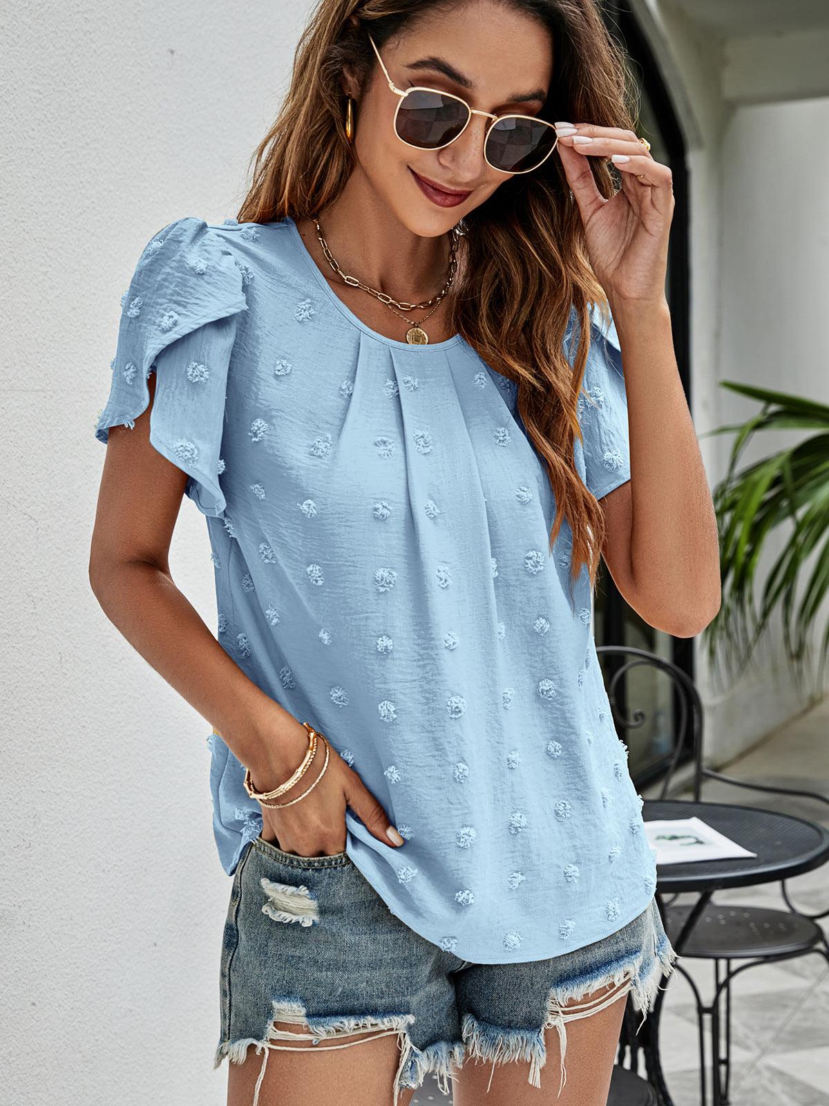 Swiss Dot Round Neck Petal Sleeve Top - Top