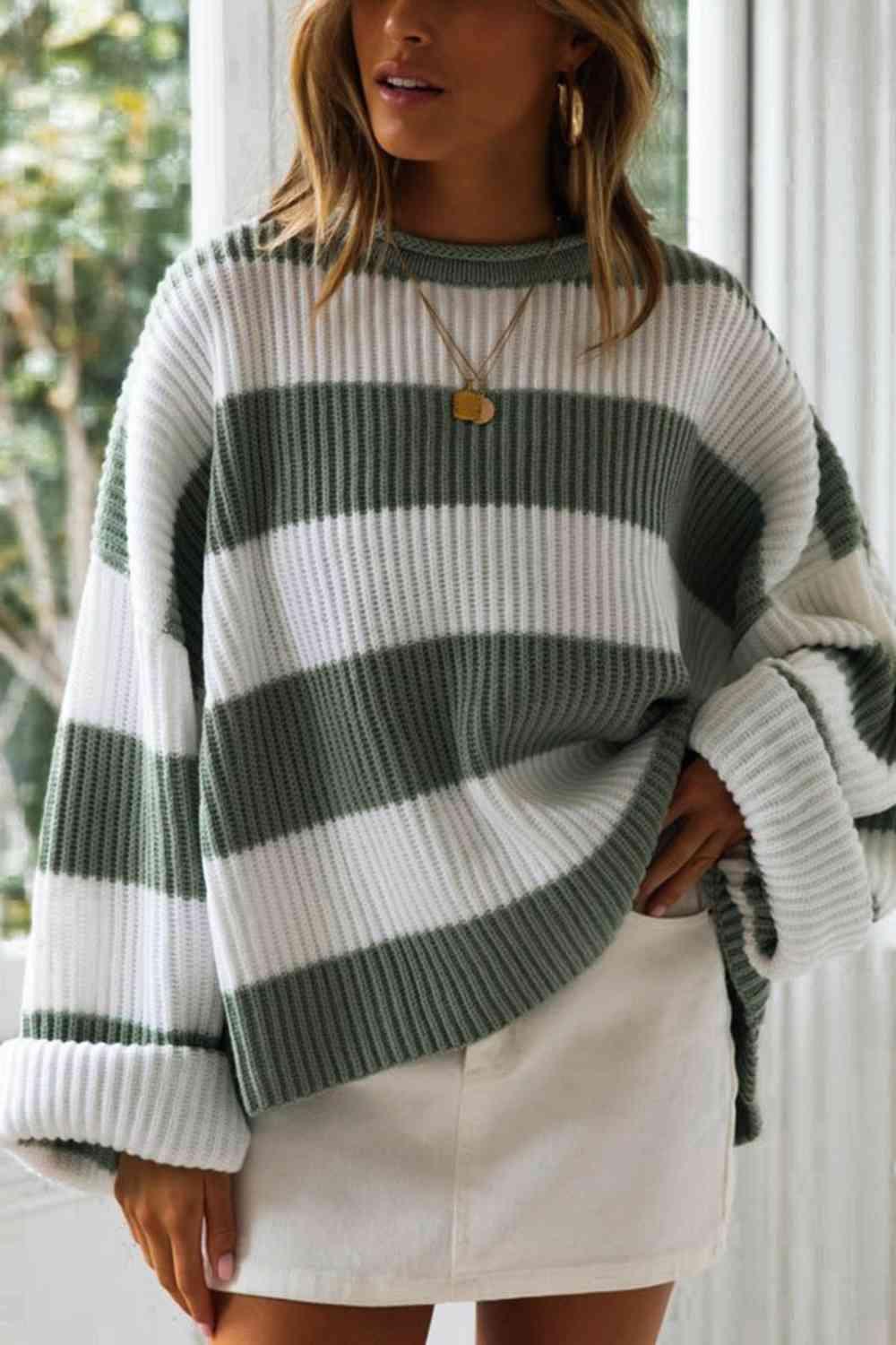 Striped Round Neck Drop Shoulder Sweater - Sweater