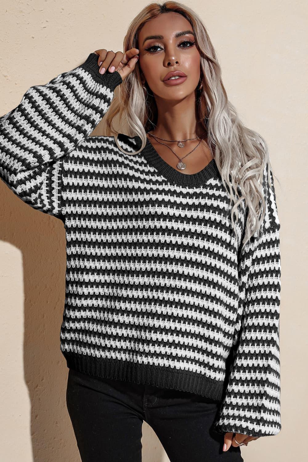 Striped V-Neck Dropped Shoulder Sweater - Sweater