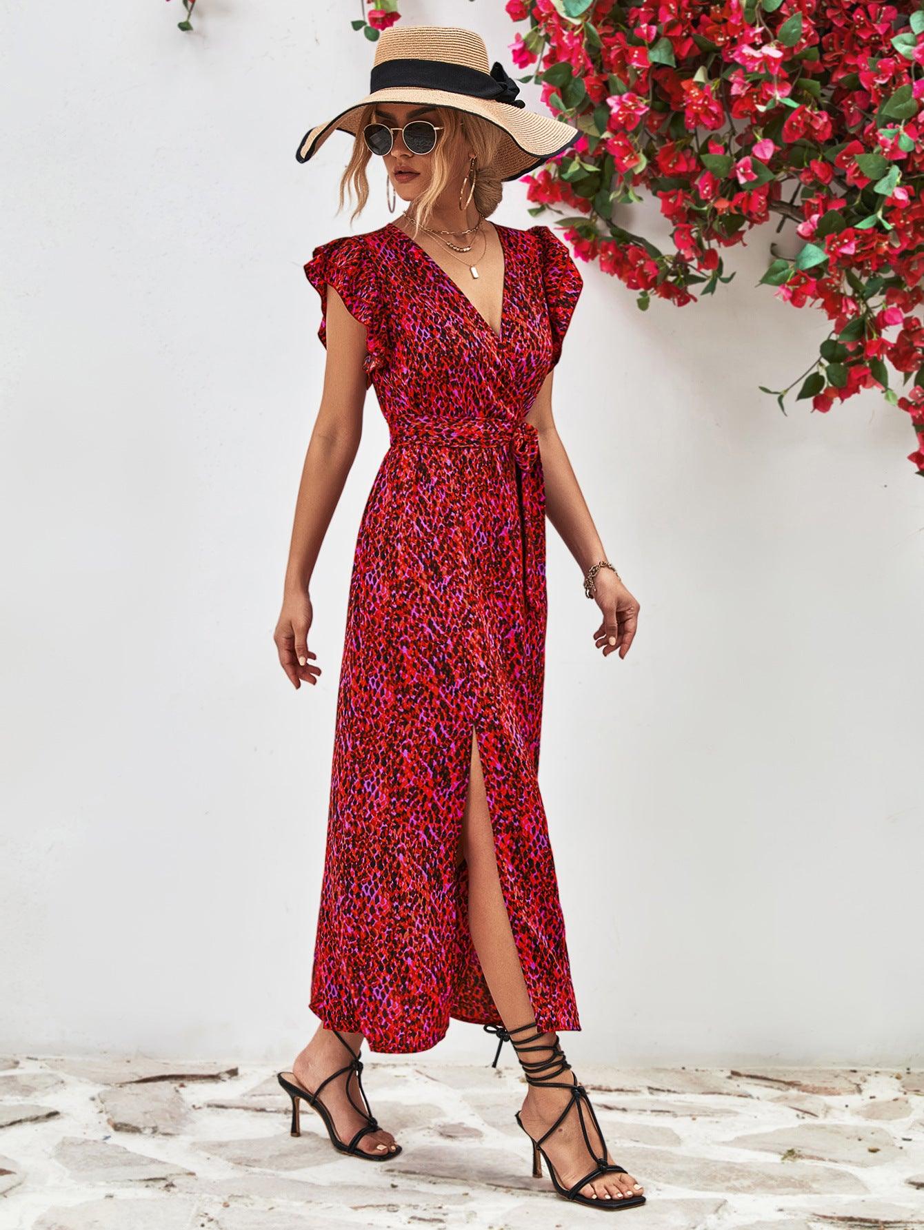 Printed Surplice V-Neck Flutter Sleeves Slit Midi Dress - Dresses