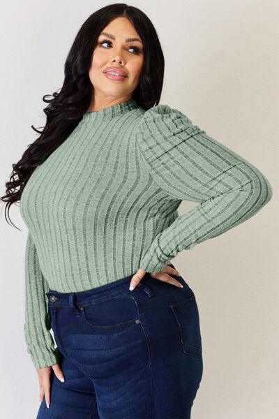 Basic Bae Full Size Ribbed Mock Neck Puff Sleeve Top - Top