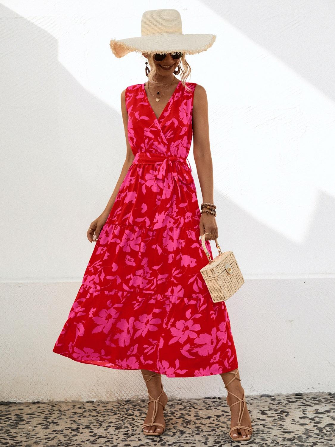 Tied Floral Surplice Tiered Midi Dress - Dresses