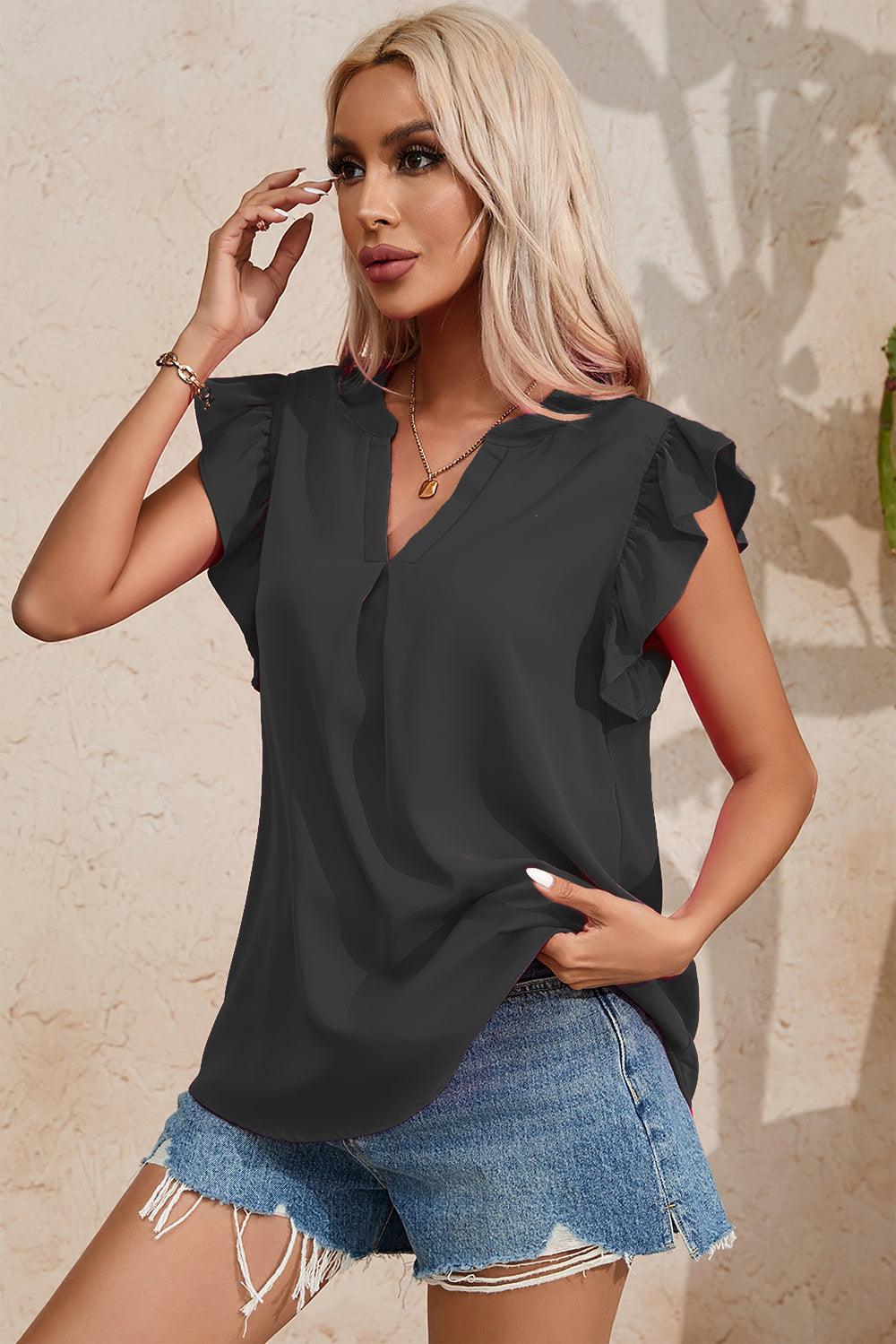 Ruffled Notched Cap Sleeve Blouse - Blouse