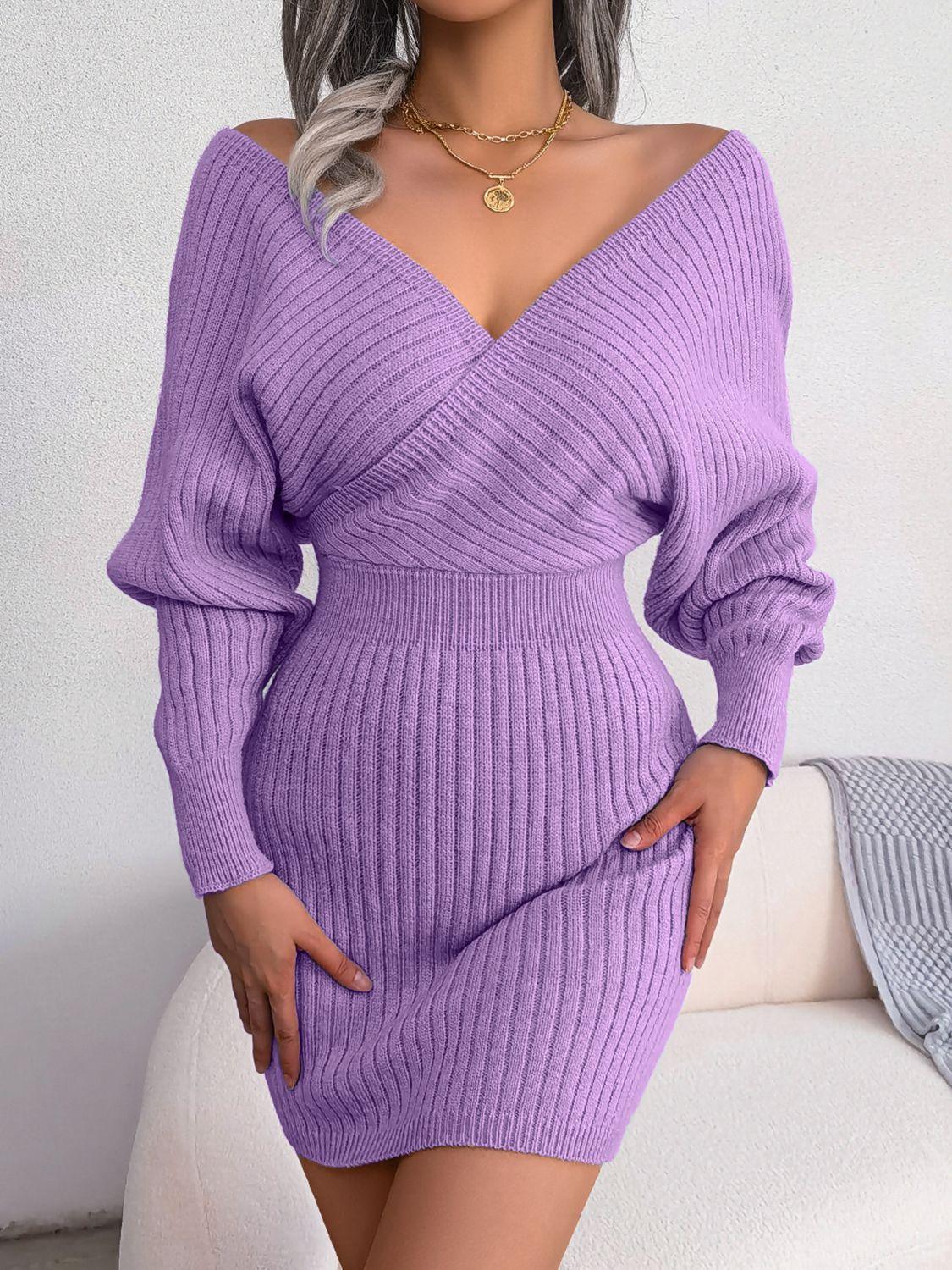 Rib-Knit Dolman Sleeve Sweater Dress - Dresses