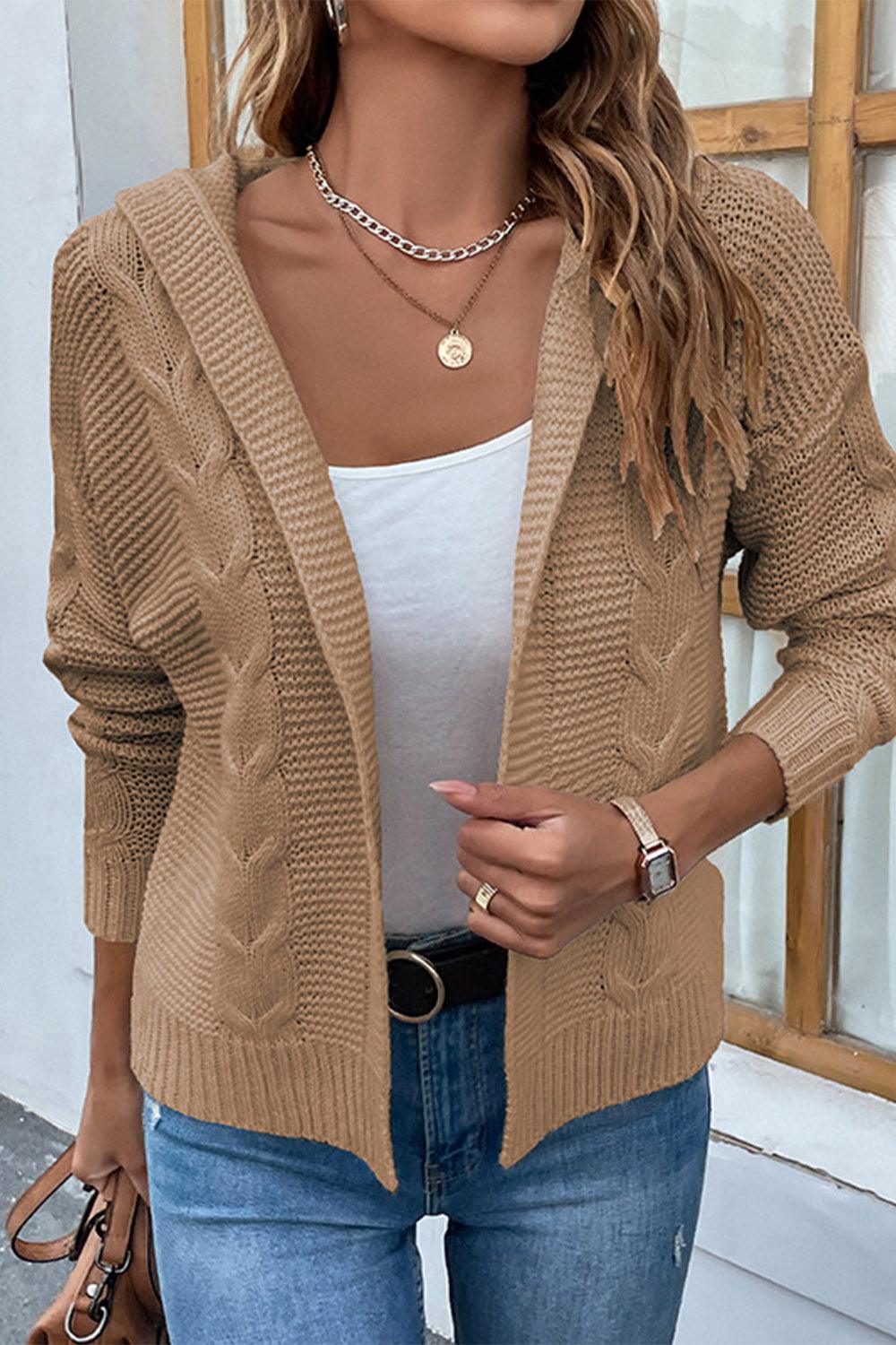 Cable-Knit Dropped Shoulder Hooded Cardigan - Cardigan