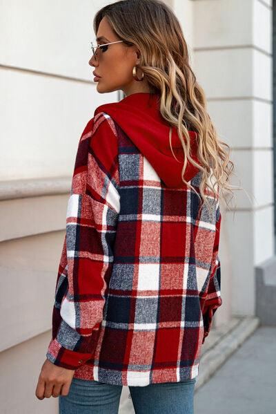 Button Up Plaid Hooded Shacket - Jacket